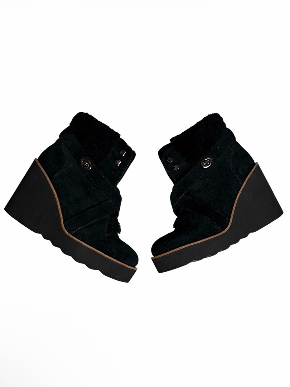 Coach Kenna black suede & shearling crisscross strap wedge ankle booties size 7